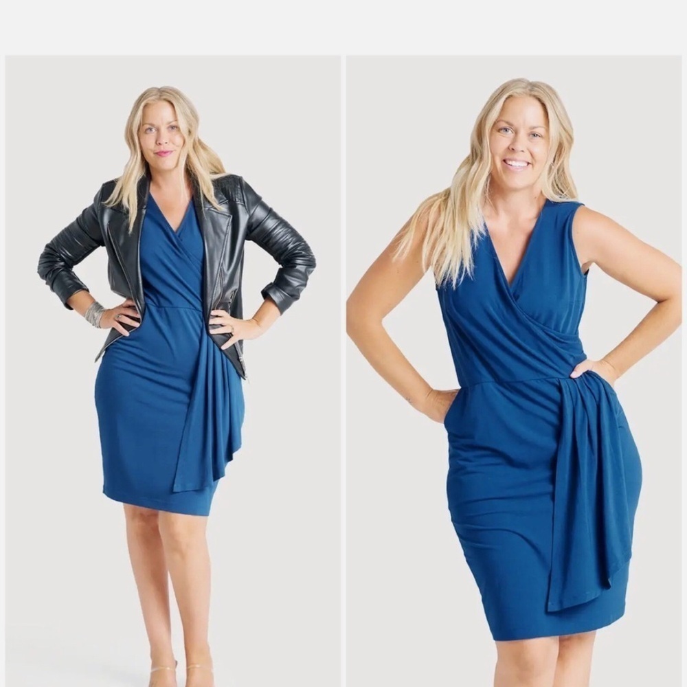 Betabrand Faux-Wrap Dress Blue Opal Pockets Stretch Size L